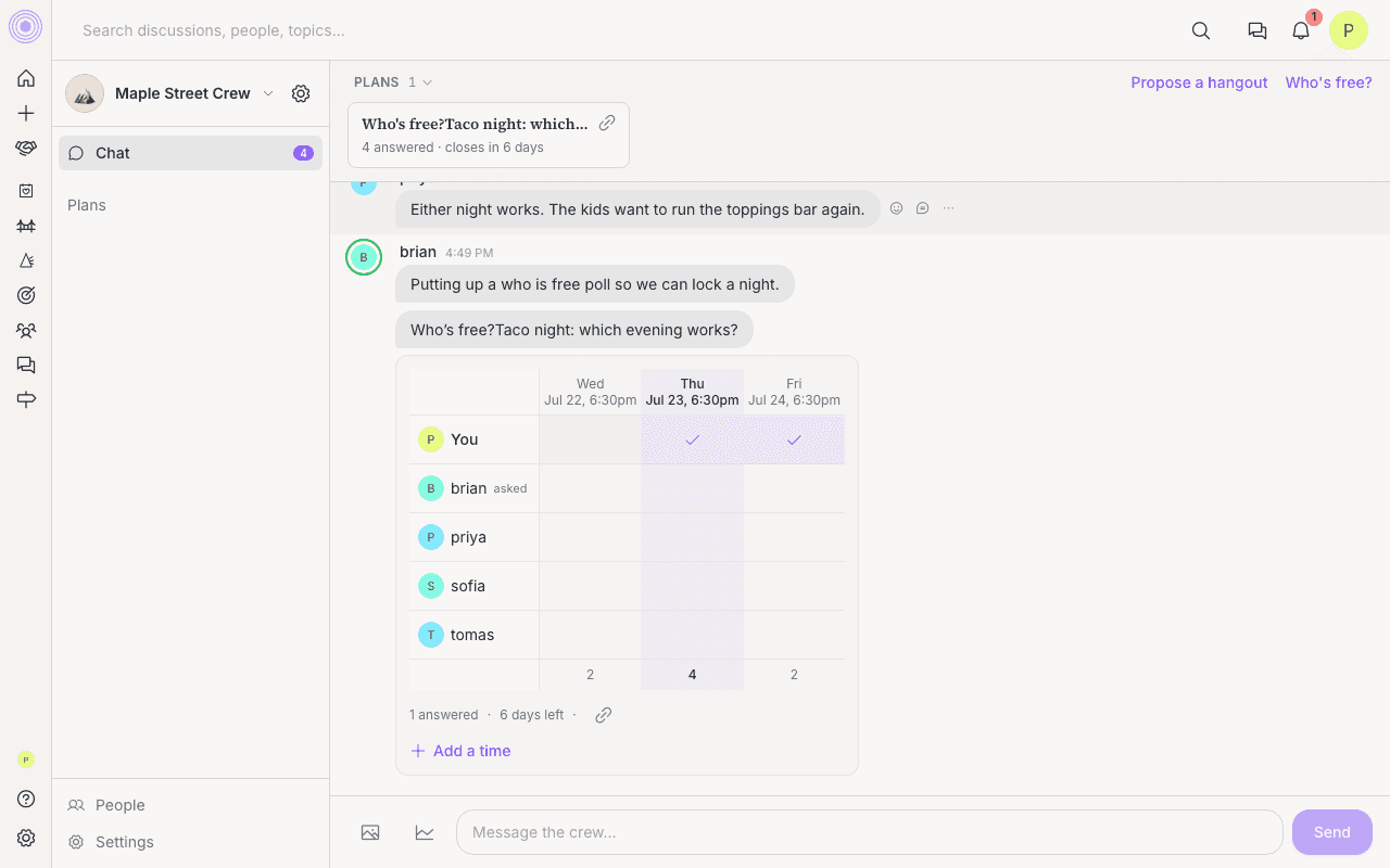 A crew Who's free poll shown as an availability grid with members and time slots