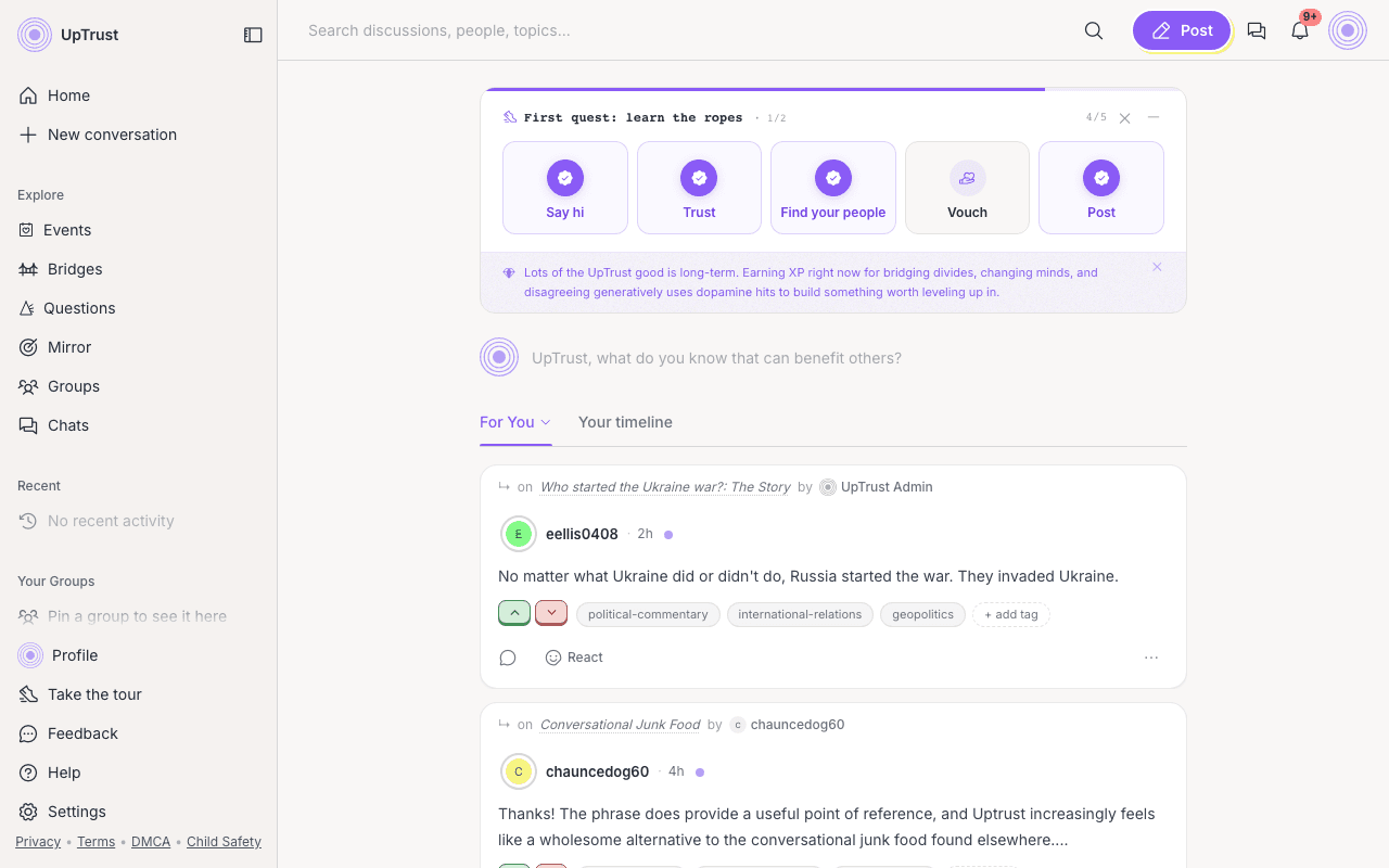 The home page, with the sidebar on the left and your feed in the middle