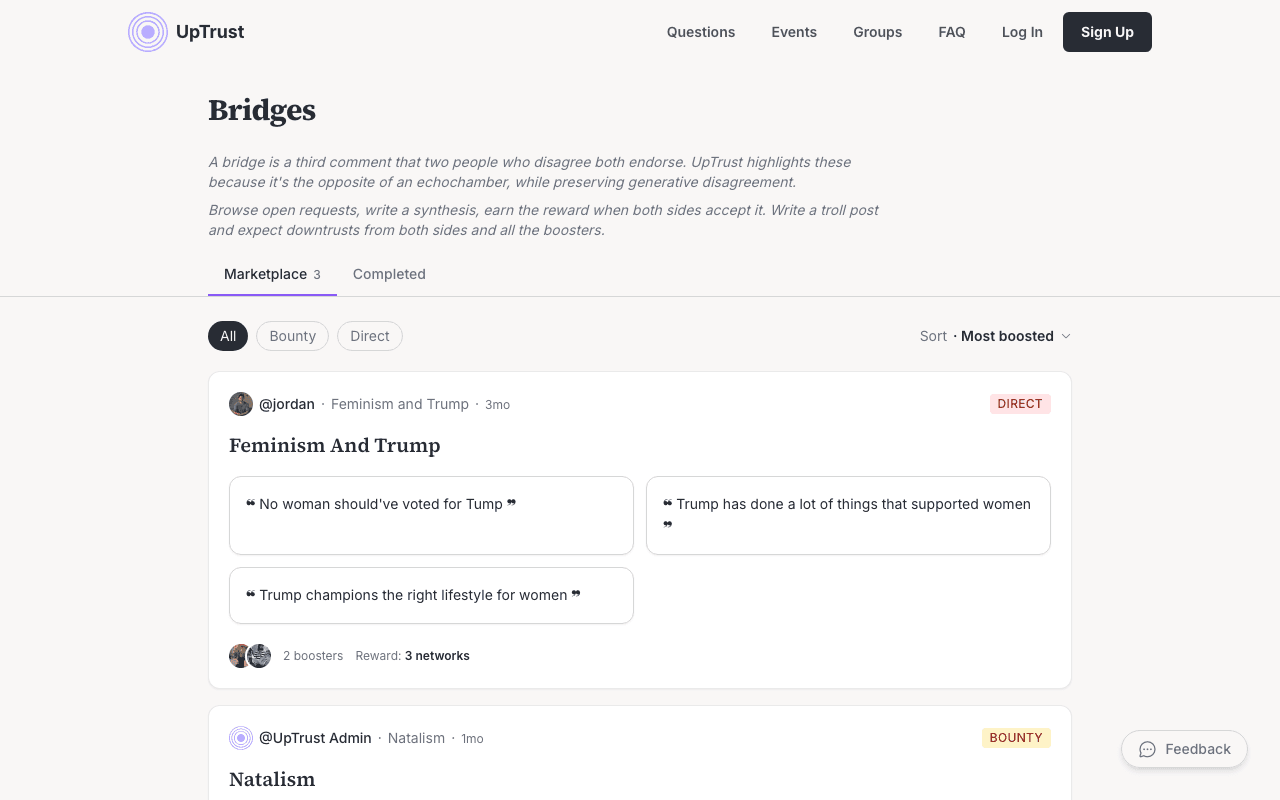 The marketplace: open bridge requests with filters and boosts
