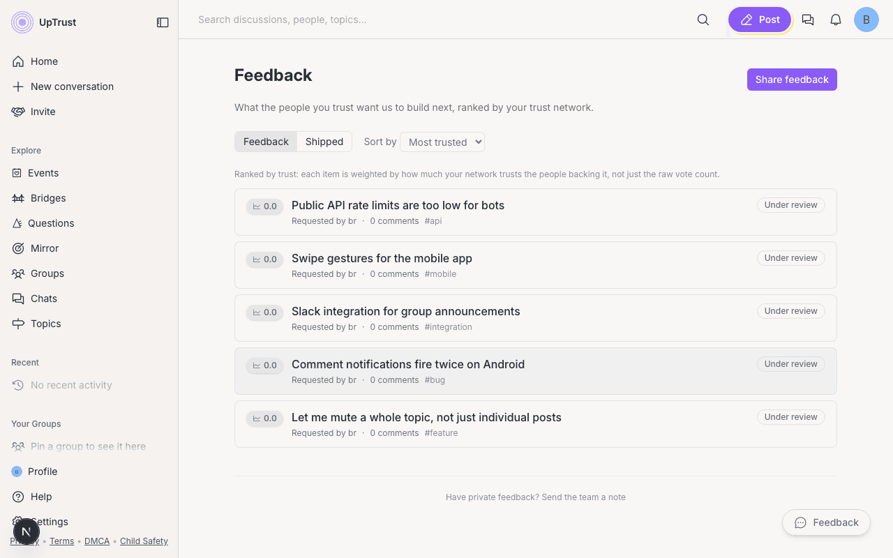 The Feedback page showing a trust-ranked list of ideas