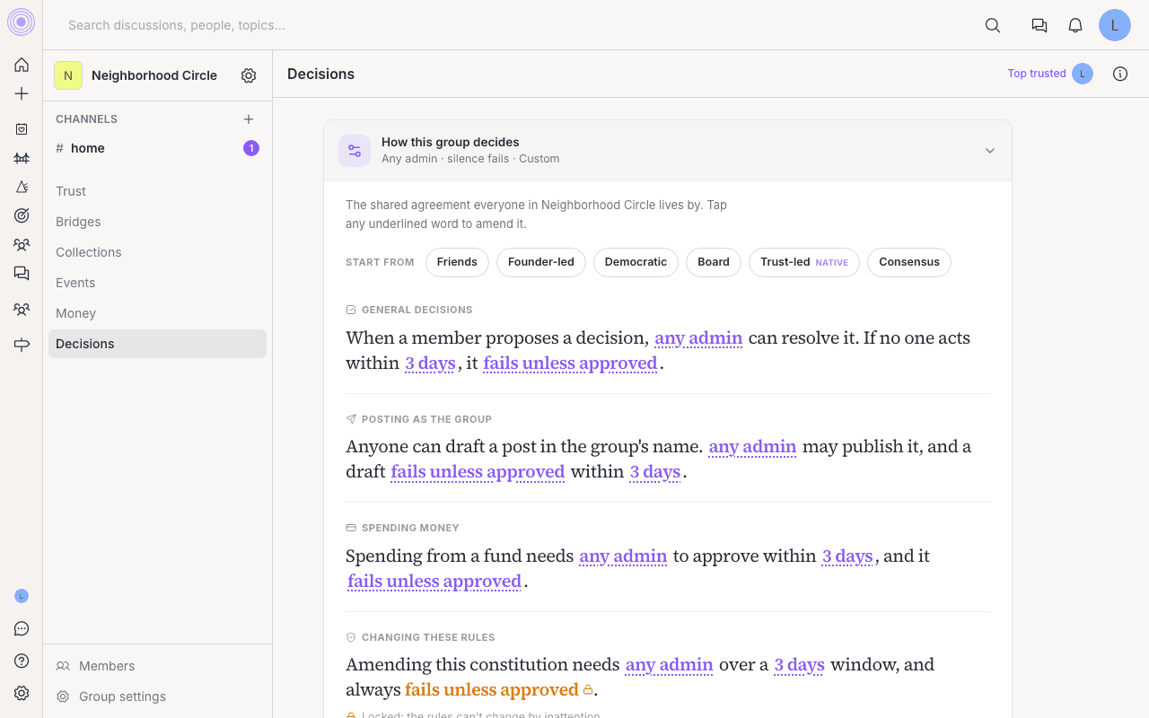 The Decisions tab, with the rules summary and the ready-made setups