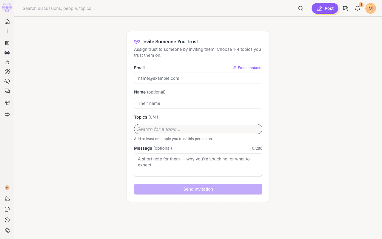 The invite form: choose topics you trust your friend on