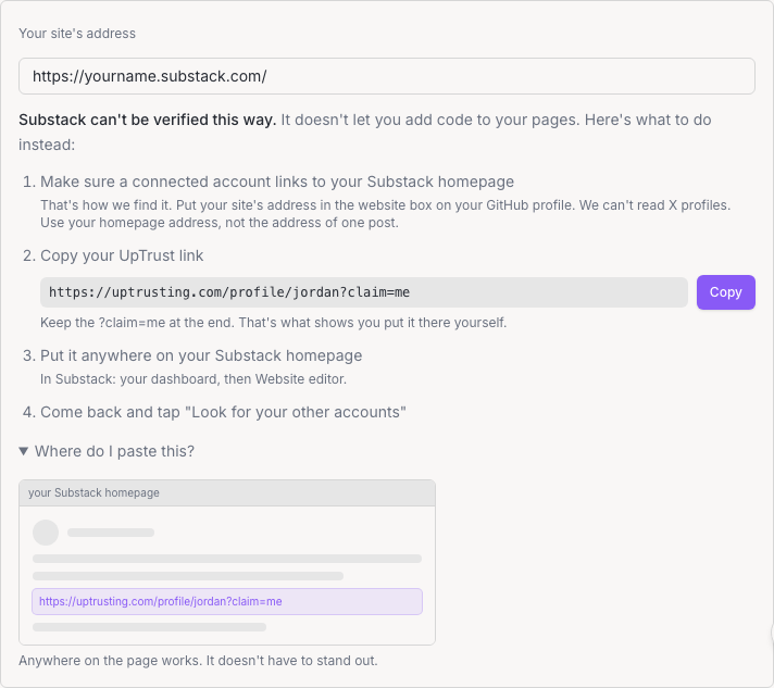 The site card on the Connect page, showing the four steps for a Substack