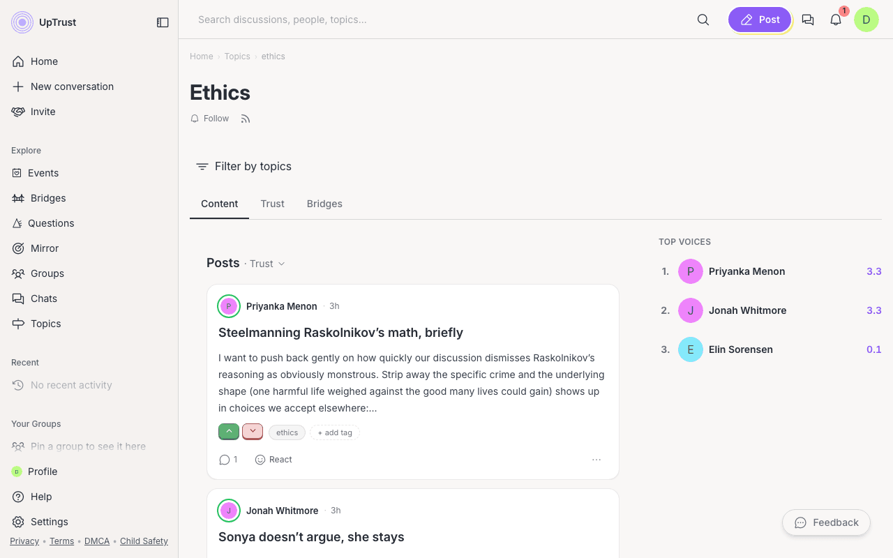 A topic page listing its conversations and the voices trusted most on that subject