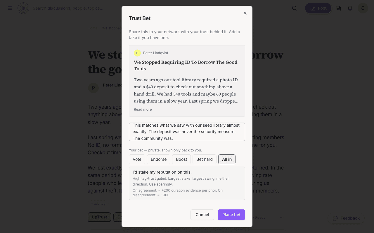The trust bet dialog with conviction tiers from Endorse to All in