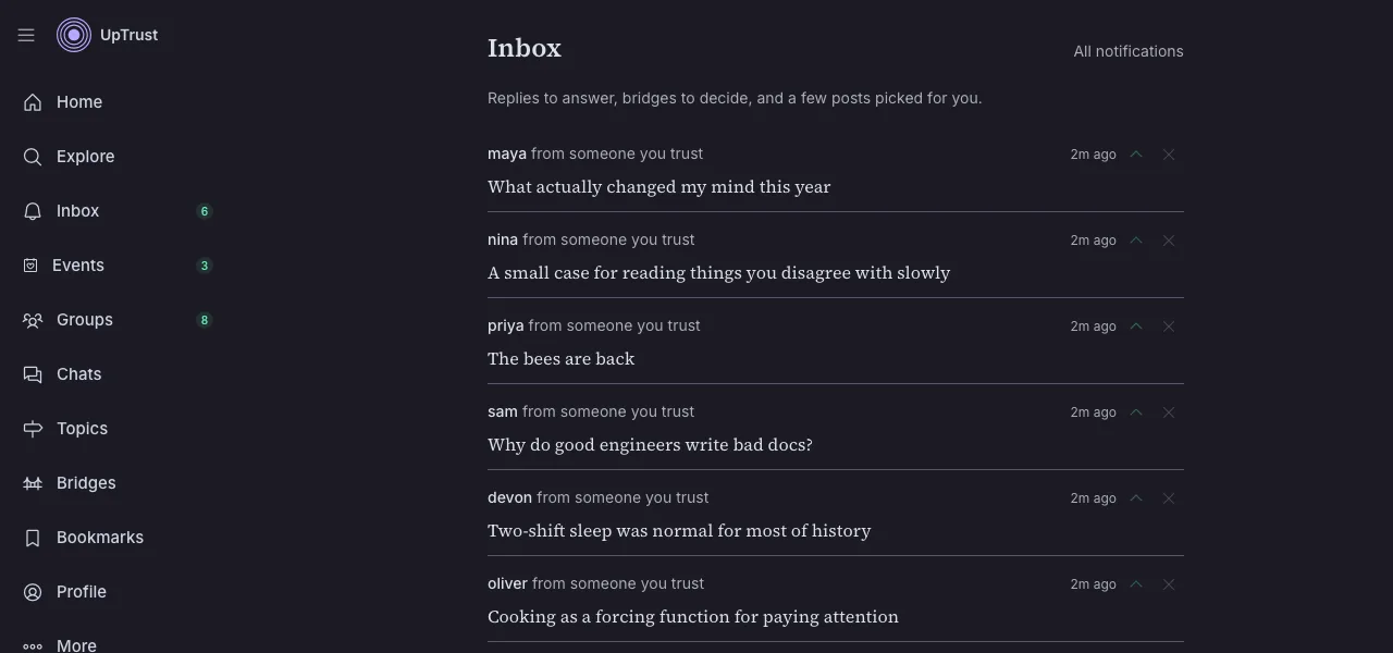 The inbox listing new posts from people the reader trusts