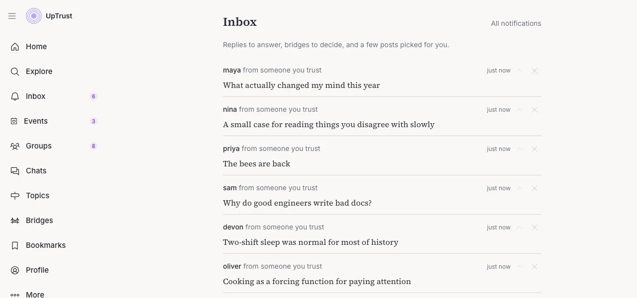 The inbox listing new posts from people the reader trusts