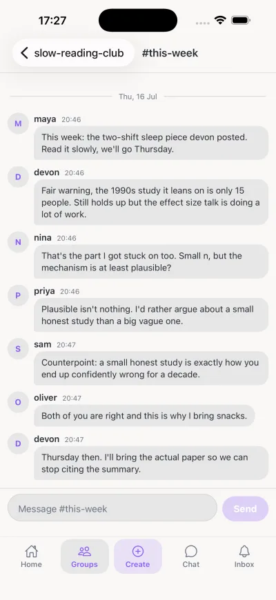 The app's chat in the this-week channel, six members replying to each other