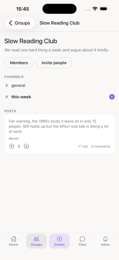 The app's group page: the book club's channels, an Invite people button and a post