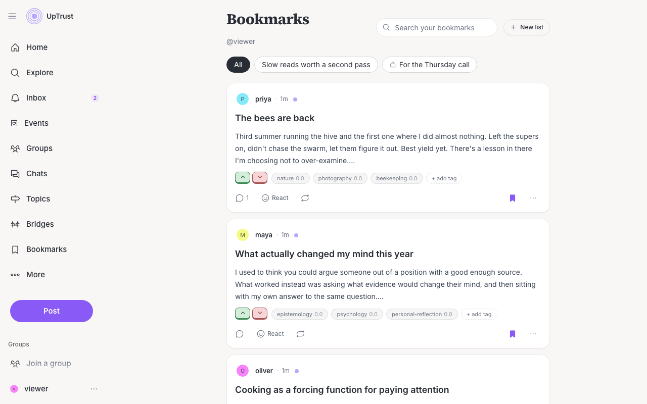The Bookmarks page with a search box, the All chip, and a list chip