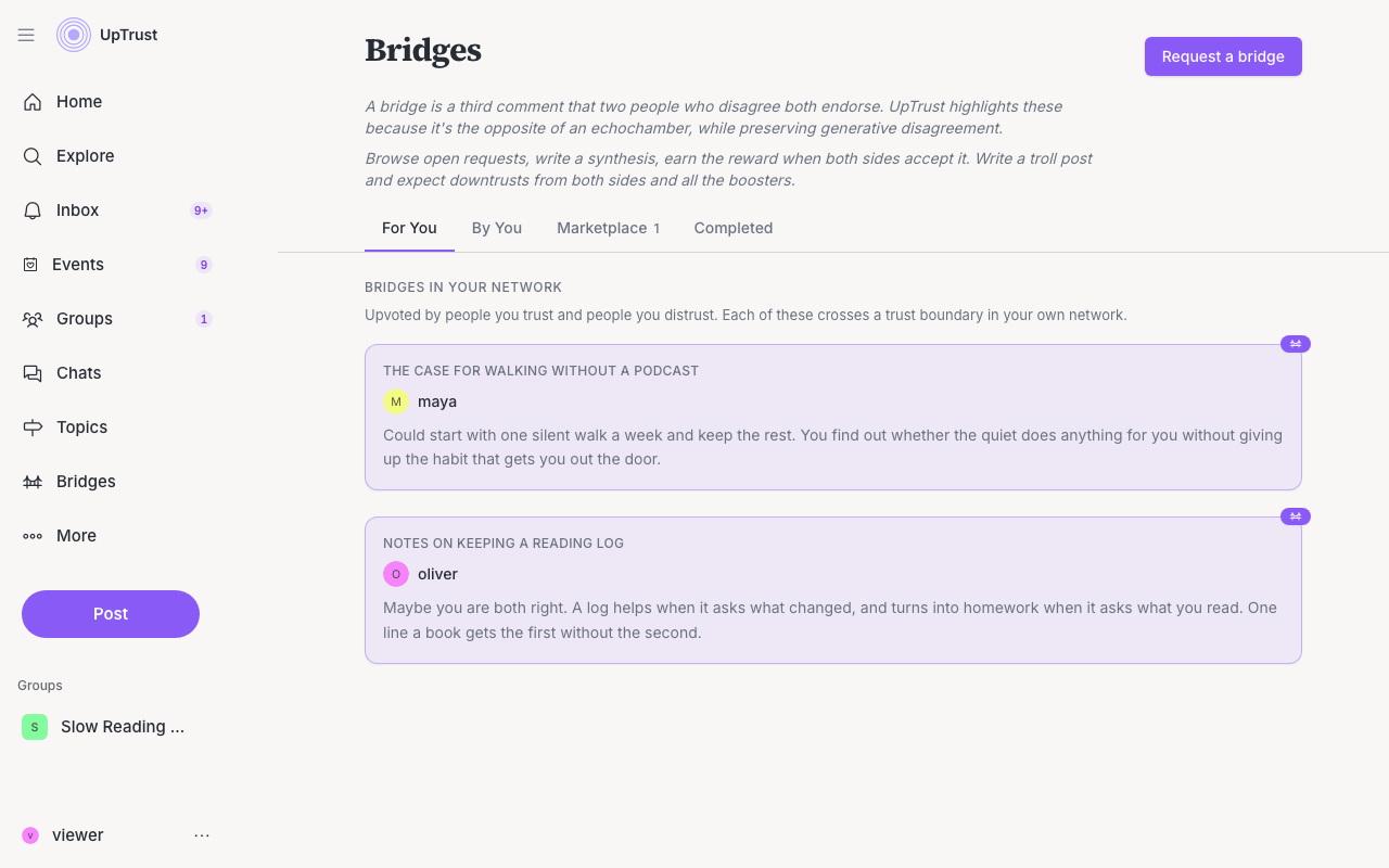The Bridges page, showing bridges that have formed in a person's network