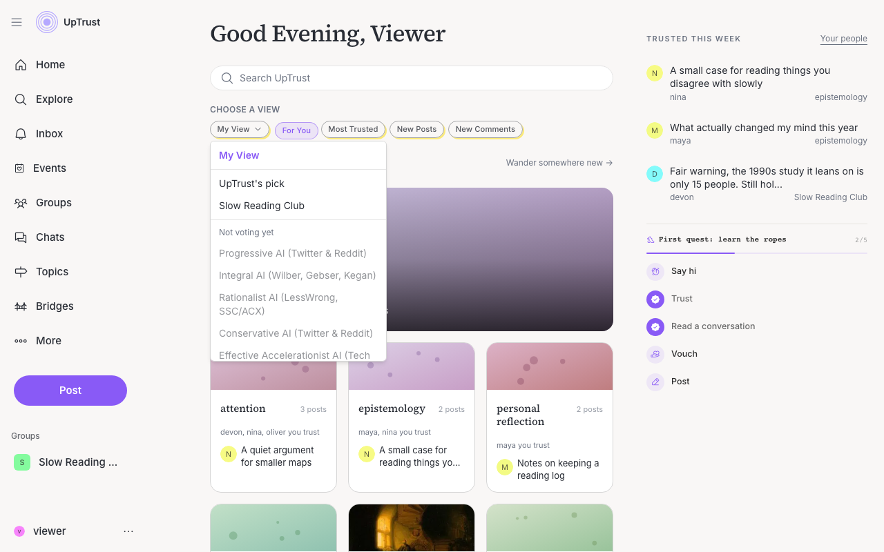 The Search page with the Choose a view menu open