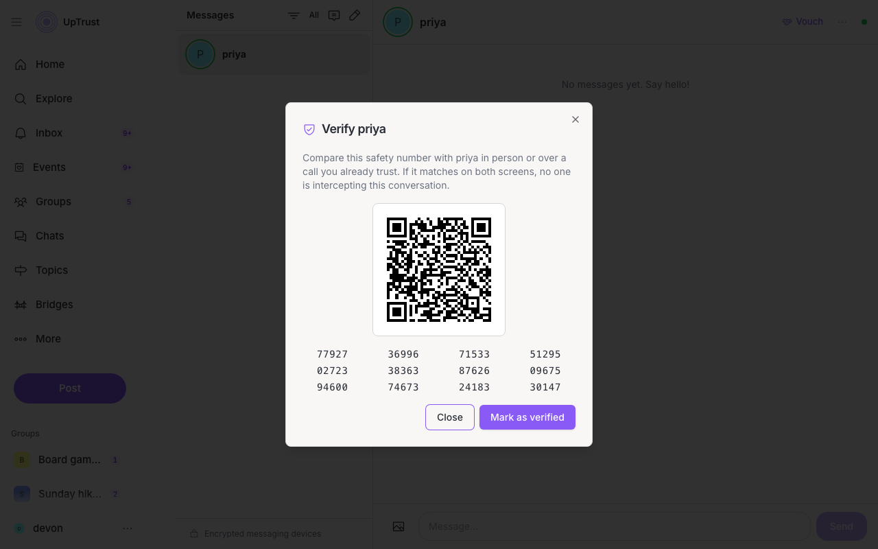 Verify safety number screen with QR code and digit groups