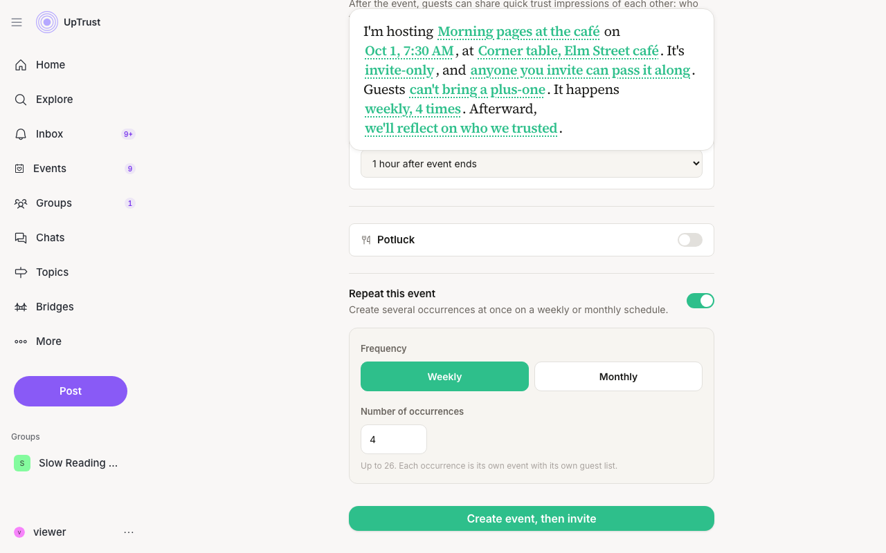 The create-event form with Repeat this event turned on
