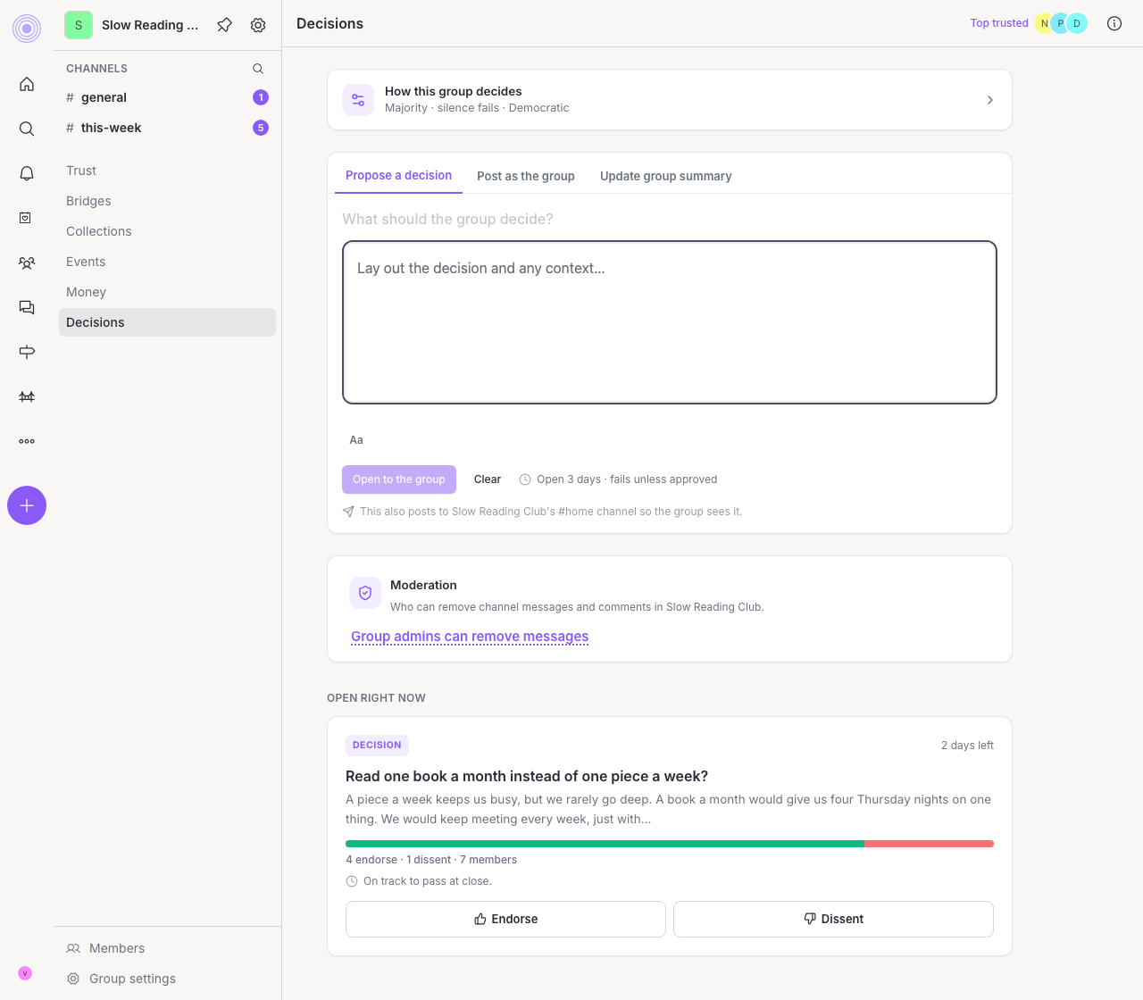 The Decisions tab, showing an open proposal and the group's rules for how it decides