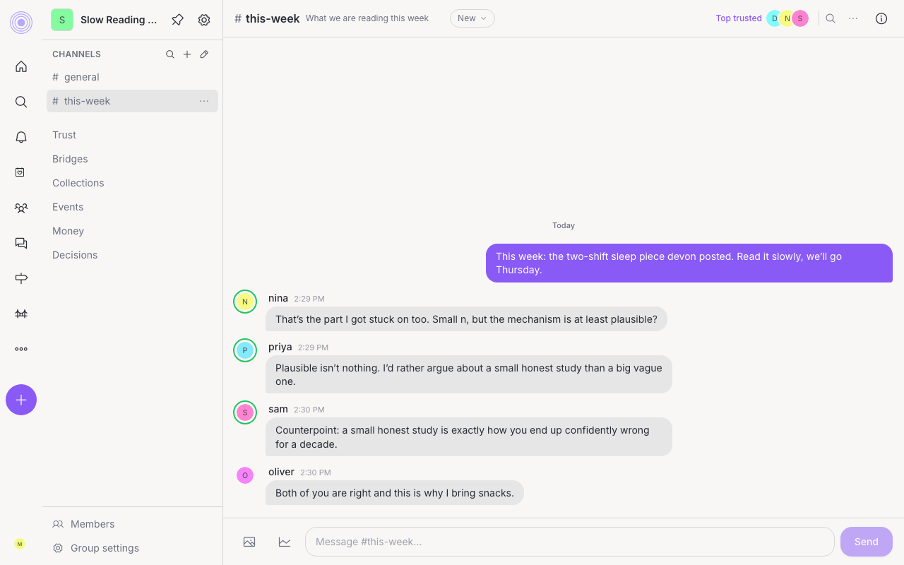 Inside a group, with channels on the left and the conversation in the middle