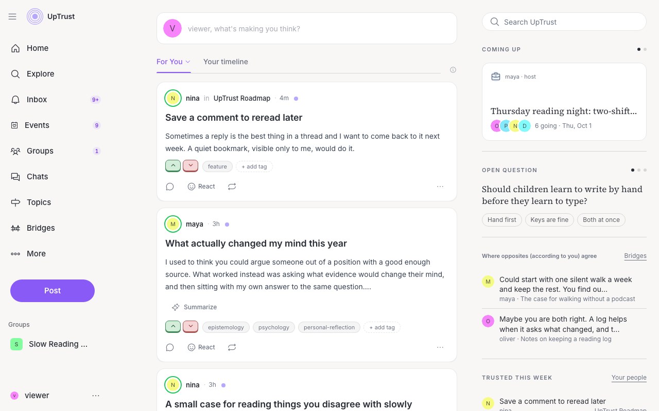 The home page, with the sidebar on the left and your feed in the middle