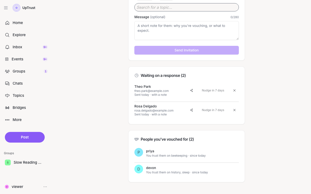 The invite page dashboard: Waiting on a response and People you've uptrusted