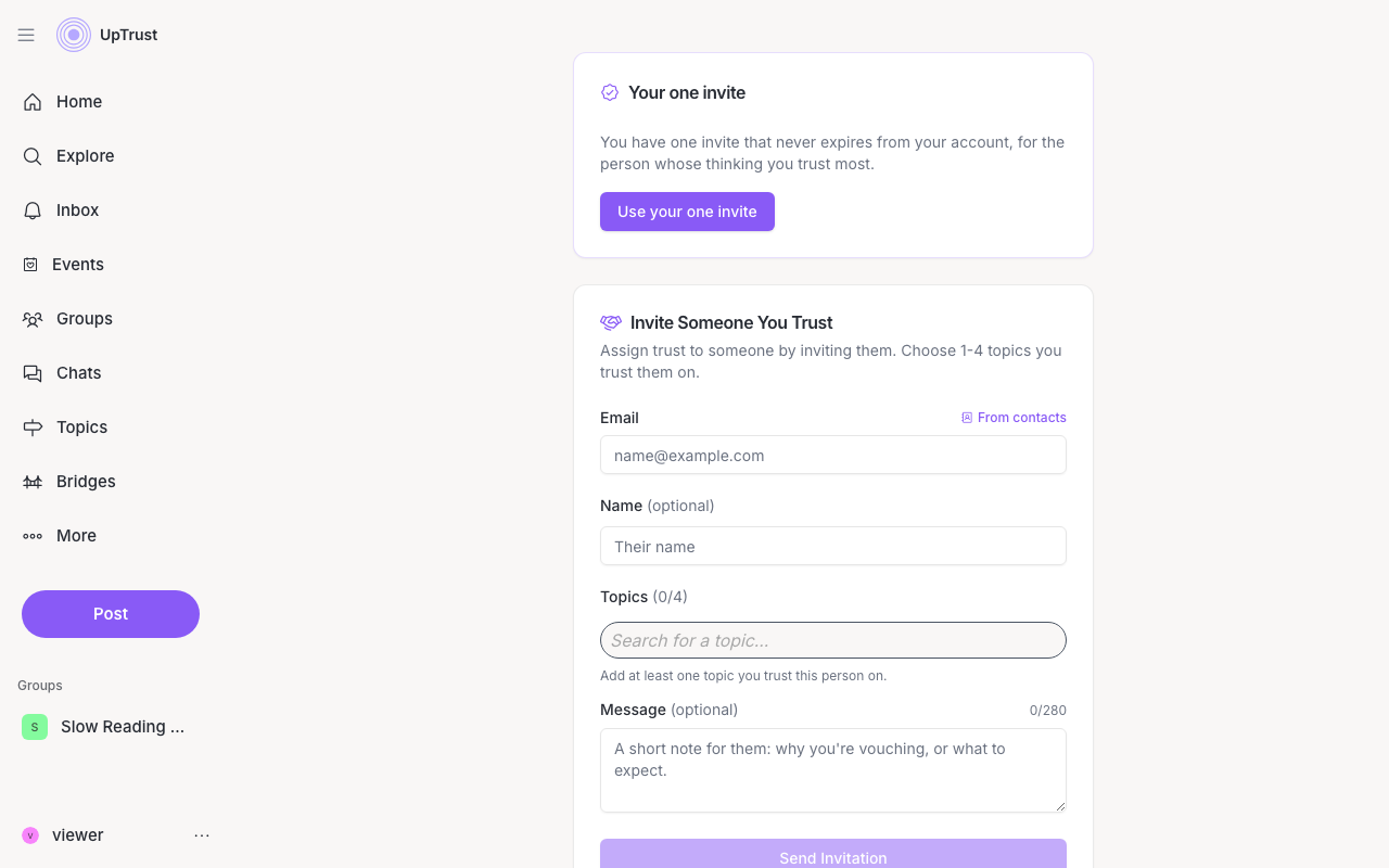 The invite form: choose topics you trust your friend on