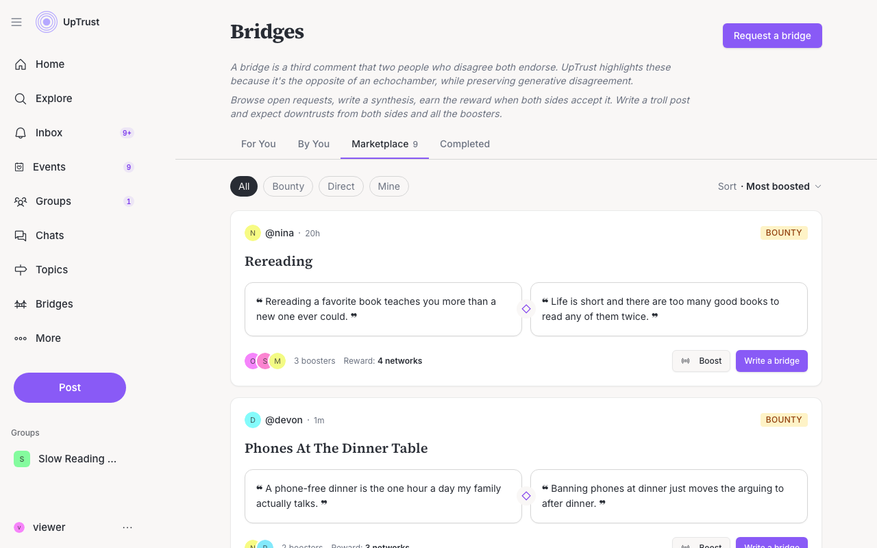 The bridge marketplace: open requests with filters and boosts