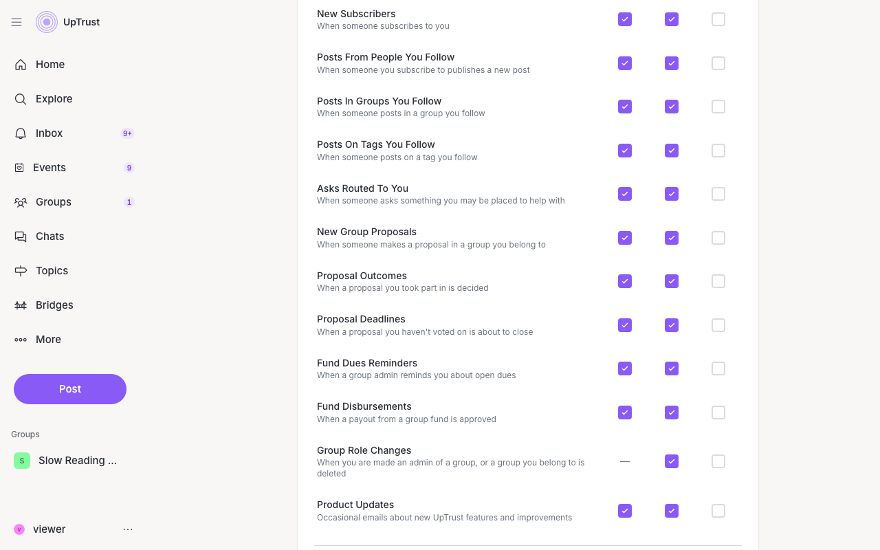Notification settings rows, including Product Updates