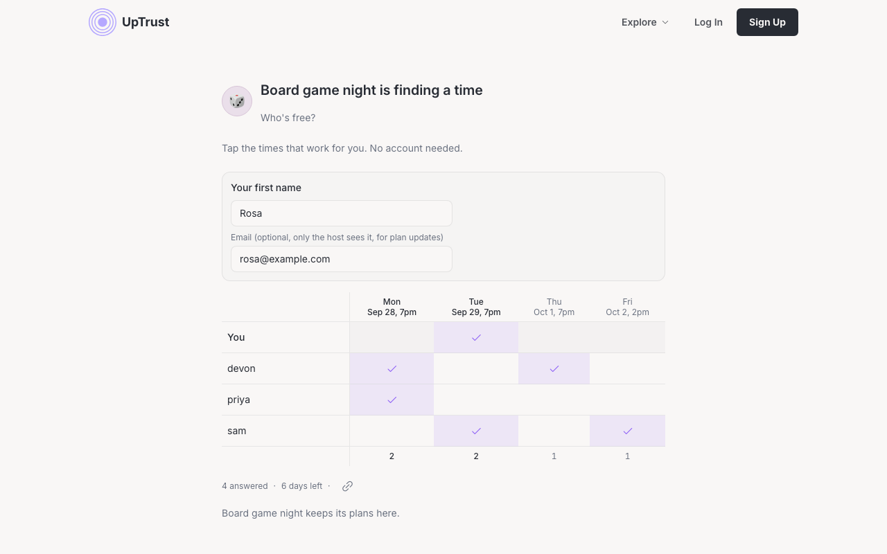 The public Who's free page with first name, optional email, and a time-slot grid