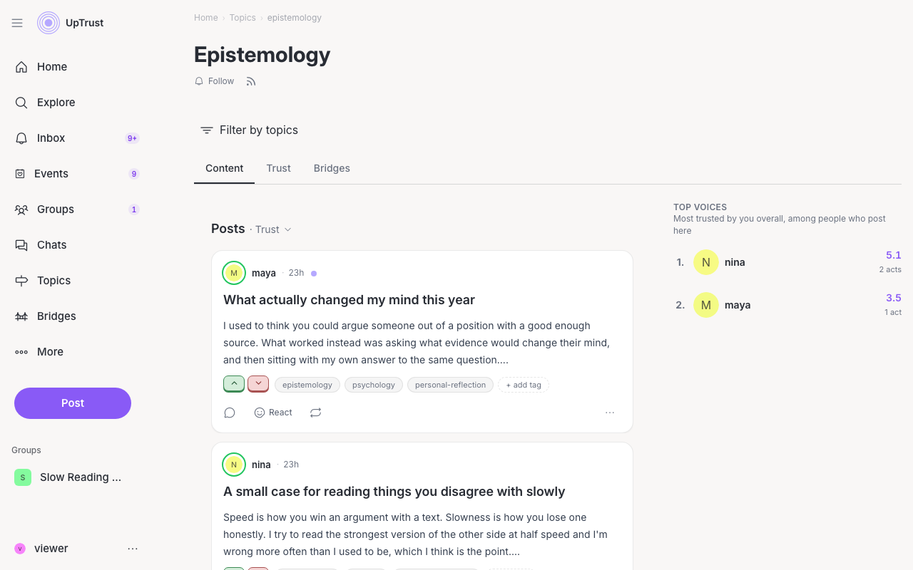 A topic page listing its conversations and the voices trusted most on that subject