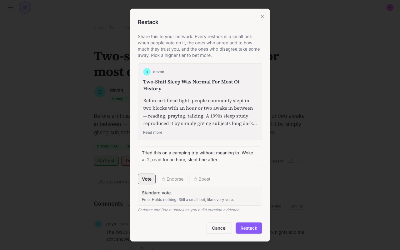 The restack dialog: the quoted post, a take typed in, and the tiers
